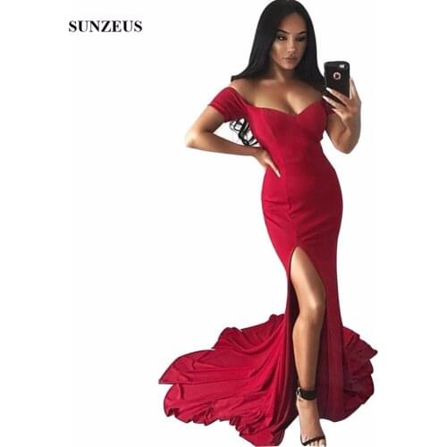Mermaid Long Red Bridesmaid Dresses 2020 Sweetheart Off Shoulder Short Sleeve Party Dress Wedding Side Slit Guest Dress BDS047