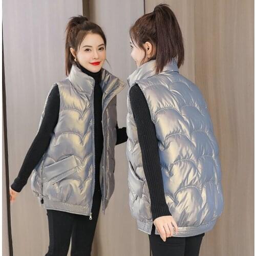 Glossy Winter Down Cotton Vest Women Zipper Stand Collar Pocket Sleeveless Jacket Plus Size Loose Waistcoat Female Coats G1428