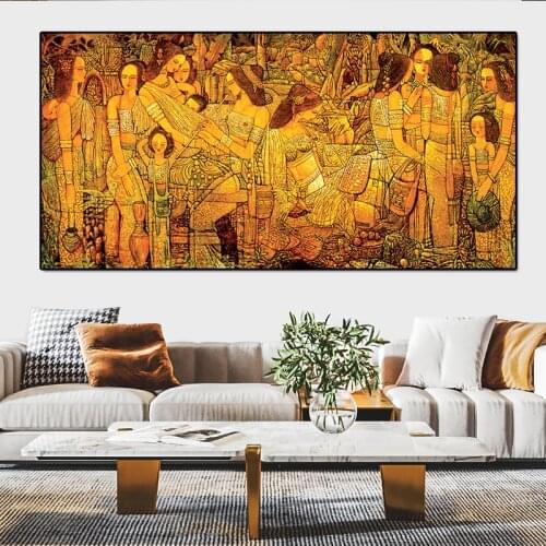 Southeast Asian Style Canvas Painting Golden Retro Abstract Figure Oil Painting Working Woman Poster and Prints Art Wall Picture