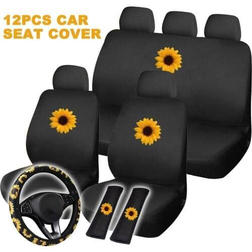 12PCS Car Seat Cover Set Steering Wheel Cover Sunflower Print All Year Round Use Seat Case Set Fits Most Cars Seat Covers