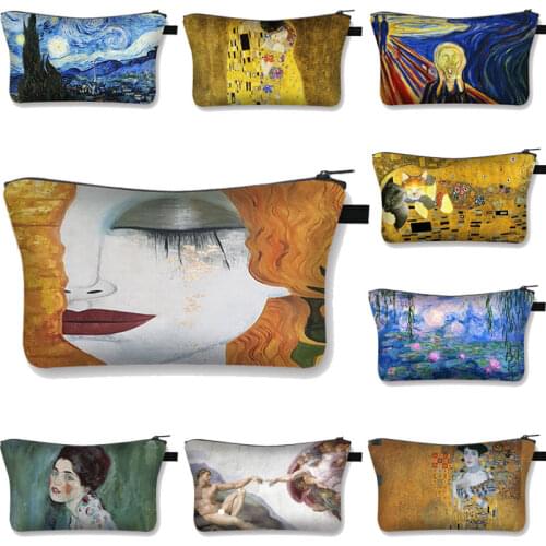 Oil Painting Tears / Kiss by Gustav Klimt Cosmetic Bag Starry Night / Waterlily Makeup Bag Women Cosmetic Case Storage Bag