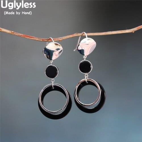 Uglyless Summer Fashion Glossy Silver Circles Earrings for Women Natural Black Agate Earrings Real 925 Silver Brincos Gemstones