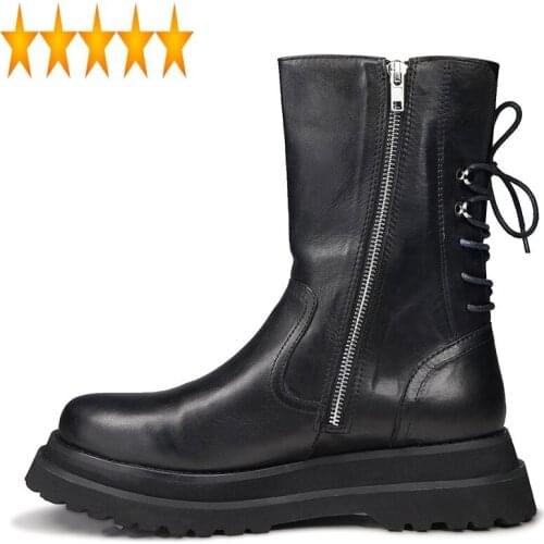 Mid Gothic Platform Mens Thick Calf High Top Lace Up Genuine Leather Motorcycle Zipper Punk Knight Boots Biker Shoes
