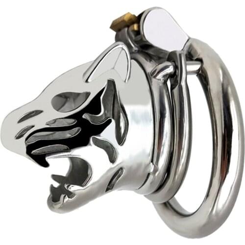 Male Chastity Devices with Anti-loop Animal Tiger Head Stainless Steel Cock Cage For Men Sex Toys Adult Products Penis Ring