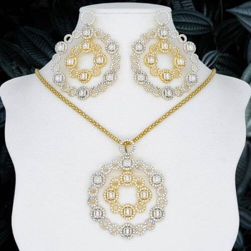 Luxury Geometry Circle 3 Tone Copper Dubai Girls And Women High Quality Gift Pendant Necklace And Earring Set