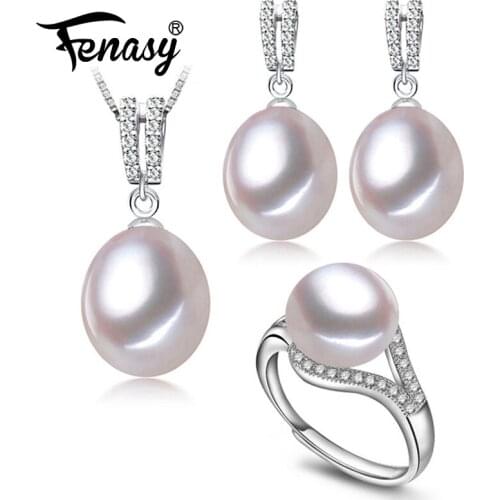 FENASY Wedding Jewelry Sets Fashion Natural Freshwater Pearl Pendant Necklaces Women 925 Silver Drop Earrings Elegant Ring Set