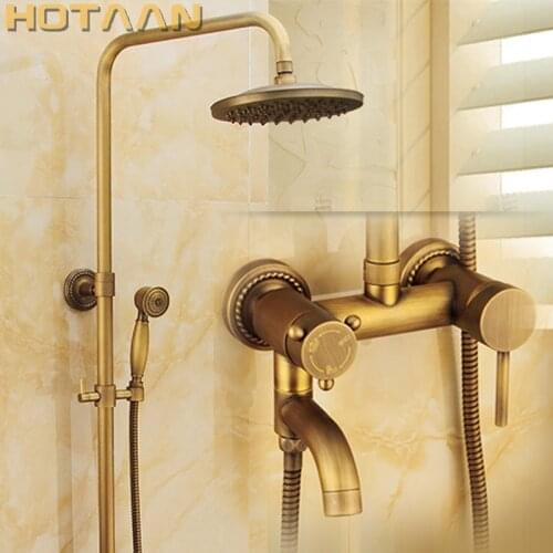 Wall Mounted Mixer Valve Rainfall Antique Brass Shower Faucet Complete Sets + 8" Brass Shower Head + Hand Shower + Hose YT-5316