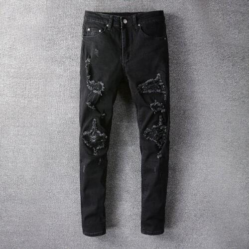 2021 New mens male trousers fashion Brand black Patch Leather Patch Hole Black Jeans Men Stretch Slim Thin denim Pants