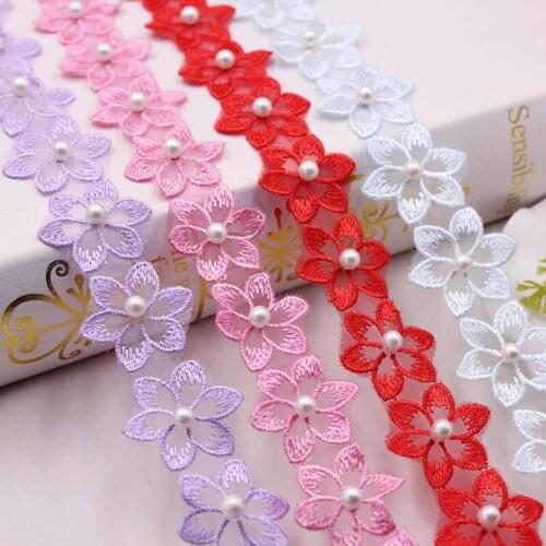 1 yards Flower Embroidered Pearl Lace Organza Satin Ribbons DIY Gift Packaging Hair Bow Sewing Materials