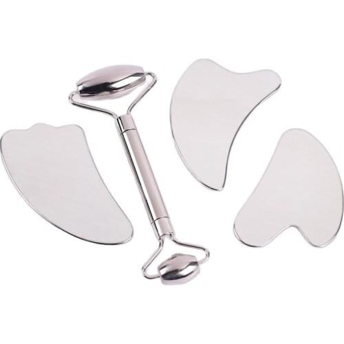 Stainless Steel Facial Roller Gua Sha Tool Set Face Care Massage Neck Beauty Health Anti Wrinkle Cellulite Skin Detox Massager