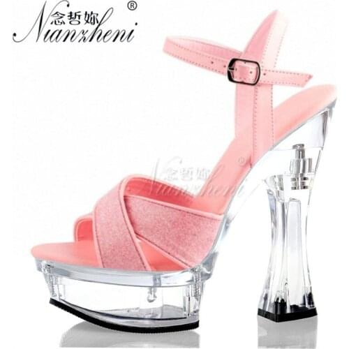 Pink Flash powder Bling Shallow Hollow Open Toe 14cm Super High heeled shoes 6 inches Womens Sandals Bride Wedding All match