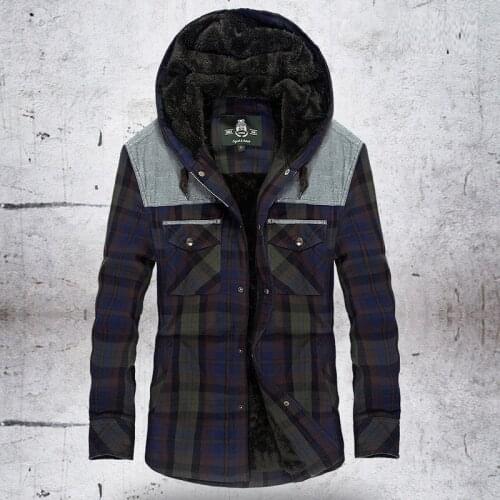 Winter Shirts Men Fleece Thick Warm Hooded Casual Shirts Plaid Pure Cotton Mens Shirts chemise homme Size M-XXXL Dropshipping
