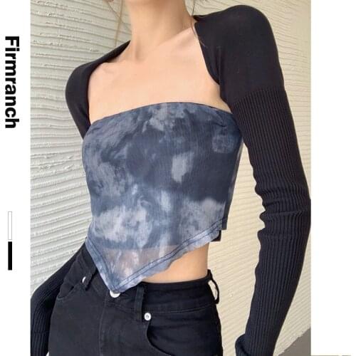 Firmranch Sexy Hot Girl One-line Collar Strapless Sun-top 2021 For Women Tie-dye Chinese Ink Gradient Color Boob Tube Top
