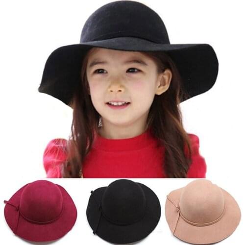 European US Wide Brim Woolen Felt Fedoras Hat for Children and Women Lady Girls Formal Party Trilby Hat Cap Solid GH-423