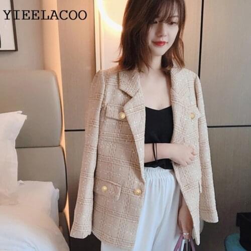 Tweed Jacket Apricot Plaid Autumn/Winter Womens Jacket Long Sleeve Business Ladies One Piece Jacket Coat