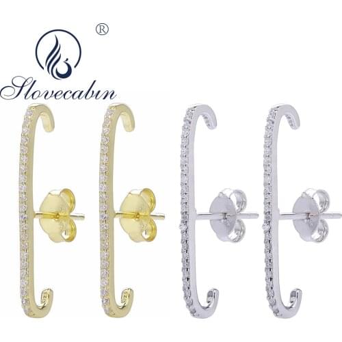 Slovecabin Original 925 Sterling Silver Long Stud Earring Women luxury Zircon Rock Punk Pave CZ European Jewelry Fashion Rock
