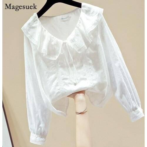 Autumn Ruffles Vintage White Blouse Women 2021 Puff Sleeve Top White Shirt Women Office Lady Cardigan Blouses Women Casual 11229