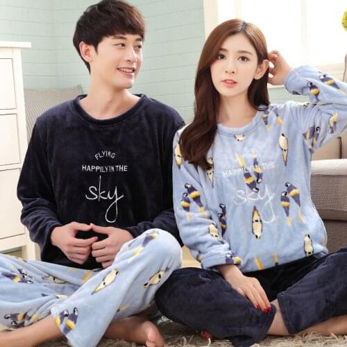 Women and men winter thick coral fleece couple pajamas long sleeve Korean cute cartoon flannel men and women pajama sets