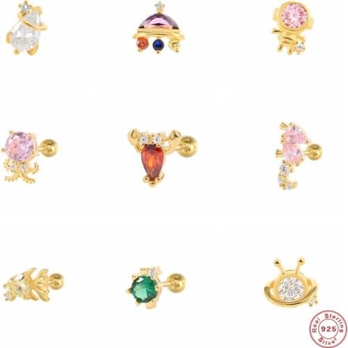 GS 925 Sterling Silver Cute Marine Life Stud Earrings For Women Colored Zircon Shrimp Seahorse Octopus Fish Ear Studs Jewelry
