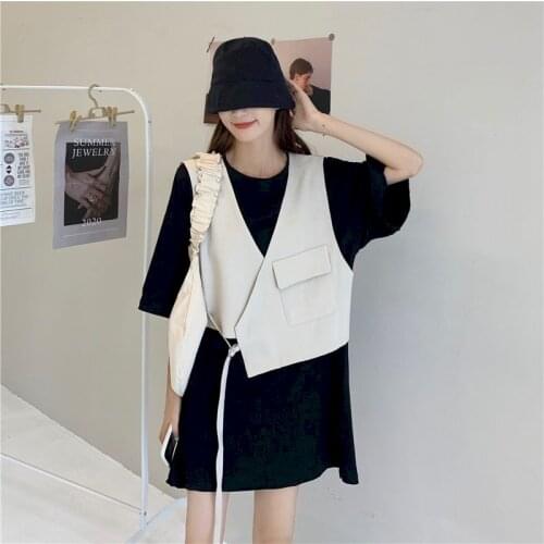 2021 Summer Two Peice Set Vest Black Skirt Suit Korean New Fashion Irregular Loose V-neck Clothes Two Piece Outfits For Women