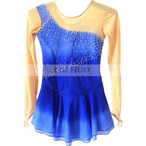 Figure Skating Dress Womens Girls' Ice Skating Dress Blue round neck long sleeve High elastic mesh fabric blue gradient color