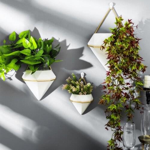 3pcs/Set Diamond Flower Pot Iron Frame Nails Ceramic Hydroponic Flower Pot Plant Hanging Baskets Hanger For Wall Decoration