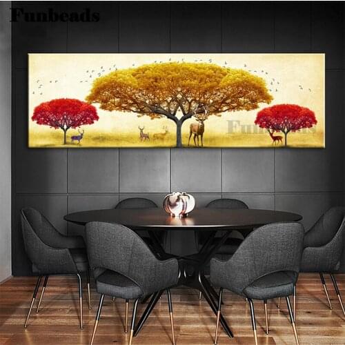 Diamond Painting Nordic style, golden red trees, deer scenery 5d Diamond Embroidery Diamond Mosaic Cross Stitch Decor FF4370