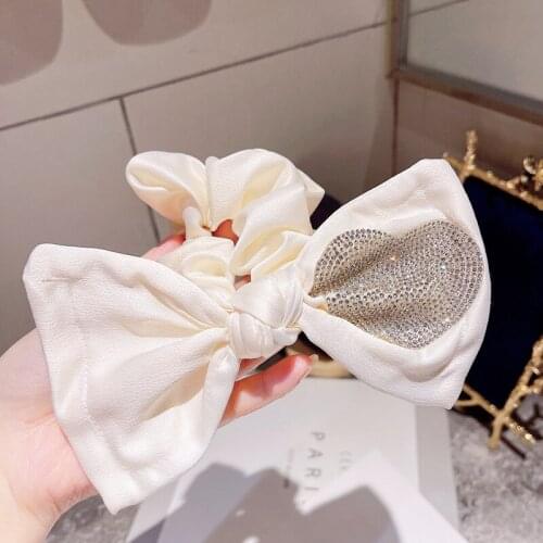 French Large Bow Summer Korean Scrunchie Bling Heart Rhinestone Hair Tie Pleated Bands Luxury Wedding Headpiece Hair Accessories
