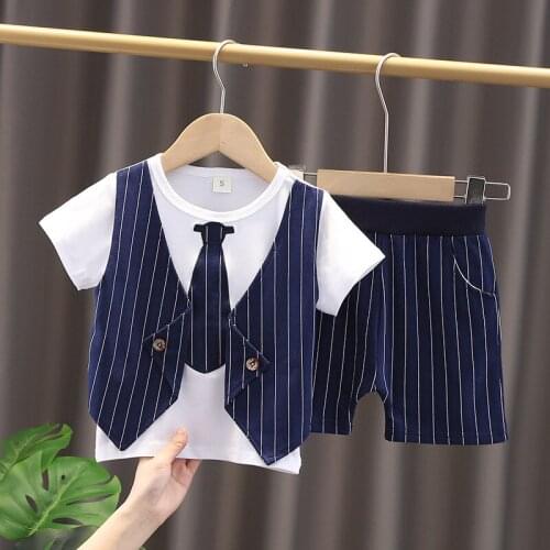 New Summer Toddle Boy Striped Tie Printing Party Clothes Sets Baby Girls Vest Fake Two T-Shirt+Shorts 2Pcs Outfits Kids Clothing