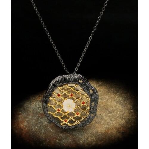 Exquisite Black Gold Double Color Hollow Line Flower Bud Pendant Necklace 925 Silver Ladies Jewelry Party Sweater Chain