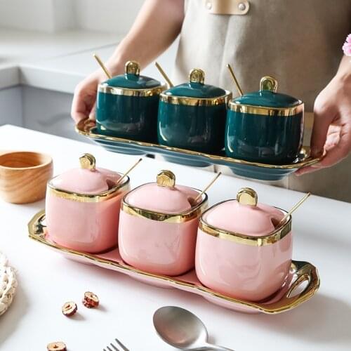 Ceramic Condiment Spice Jars Set Bottle Luxury Golden Salt Sugar Tea Container Storage Jar Household Cooking Kitchen Tool