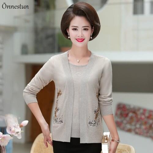 Real Two Pieces Sets Sweater Women Autumn Long Sleeve Mother Sweater Set Shirt + Cardigan High Quality Wool Sweater For Women