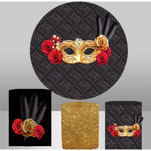 Circle background Masquerade damask round Backdrop Golden mask rose flower birthday Party event table banner fabric vinyl YY-339