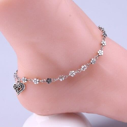 Cool Hollow Out Heart Plum Flower Bracelet Silver Color Bead Chain Anklet Bracelet Ankle Barefoot Sandal Beach Foot Jewelry
