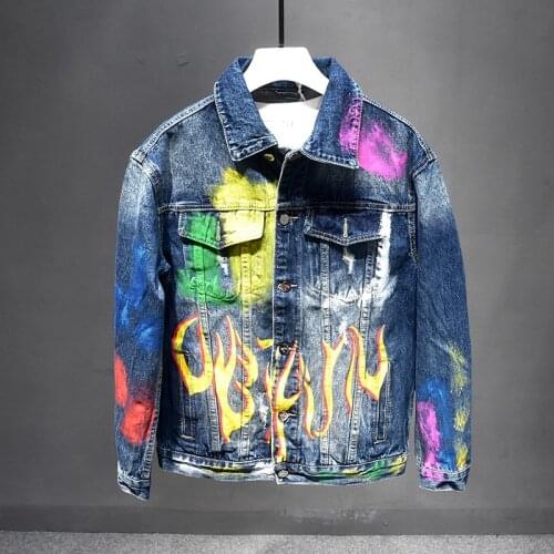 American Streetwear Fashion Men Jacket Retro Blue Graffiti Printed Designer Casual Denim Jacket Men Painted Hip Hop Cotton Coats