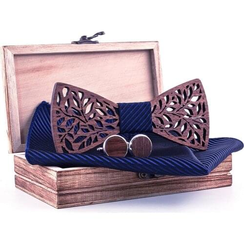 Linbaiway Handmade Vintage Wooden Bow Ties Pocket Square Cufflinks Set for Mens Wood Bowties Set Cravate Homme Noeud Papillon