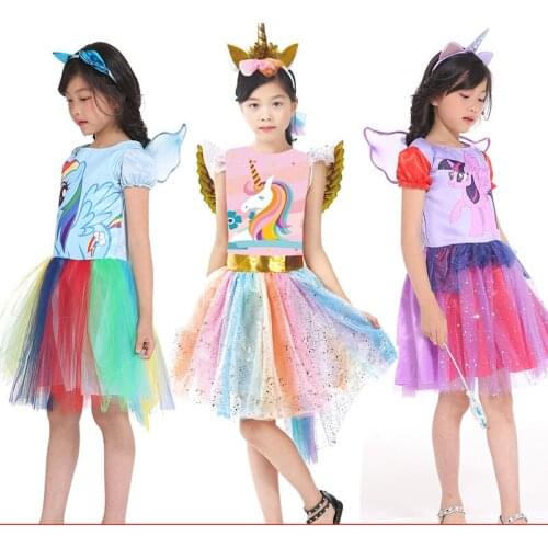Cosplay set Sequined Unicorn Dress +headwear sets for children Wedding party Dresses Princess Halloween Easter ball gown Costume