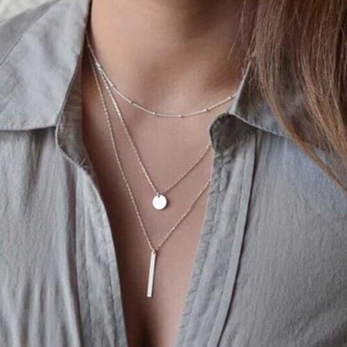 Multilayer Round Sequin Metal Strip Geometric Pendant Necklace for Women Vintage Long Chain Necklace Jewelry Kolye Gift YN418