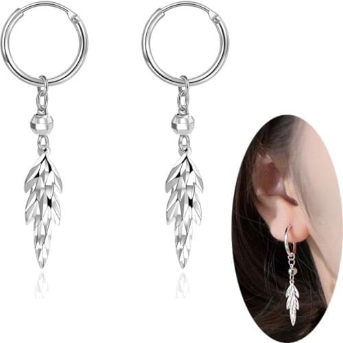 Fashion Kpop Earrings Circle Hinge Hoop Dangle 925 Sterling Silver Leaf Drop Pendant for Women Men Romantic Elegant Ear Hoop