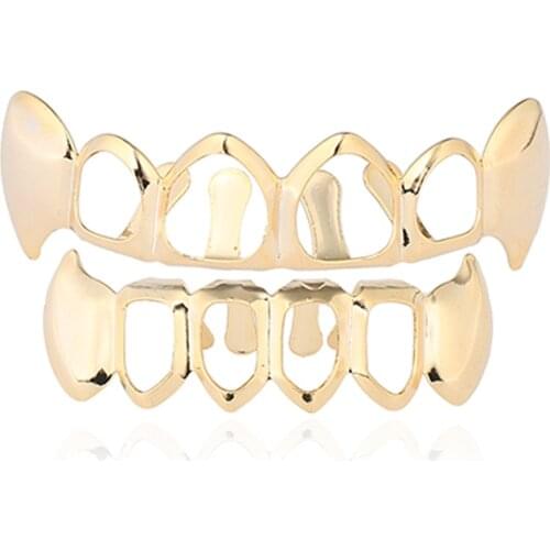 Grillz Set 18K Gold Color Plated Top & Bottom Teeth 4 Hip Hop Grills Men Hollow Set Grillz Dental Grills Body Jewelry Gifts Men