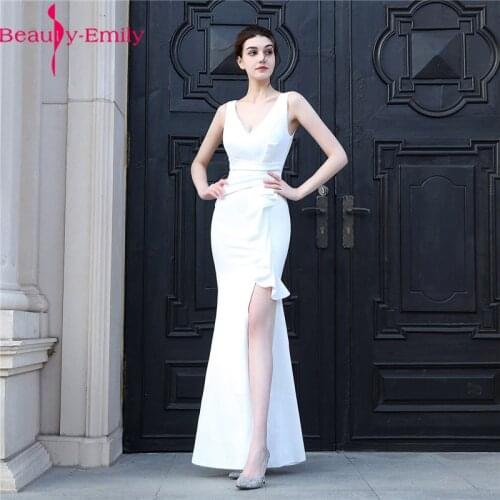 Charming V Neck Sleevelsss Long Evening Dress with High Side Split 2020 Romantic Zipper Back Bow White Dress 7 Colors Available