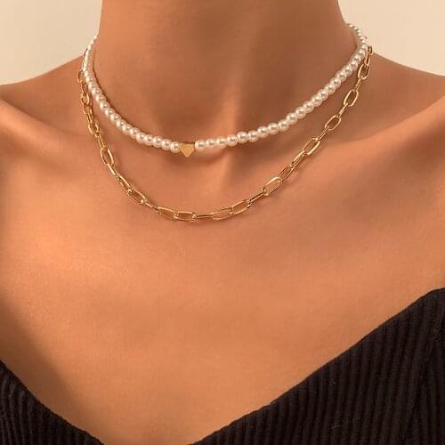SHIXIN Simple White Pearl Heart Choker Necklace for Women Layered Thin Link Chain Necklaces Set on the Neck Fashion Jewelry 2021