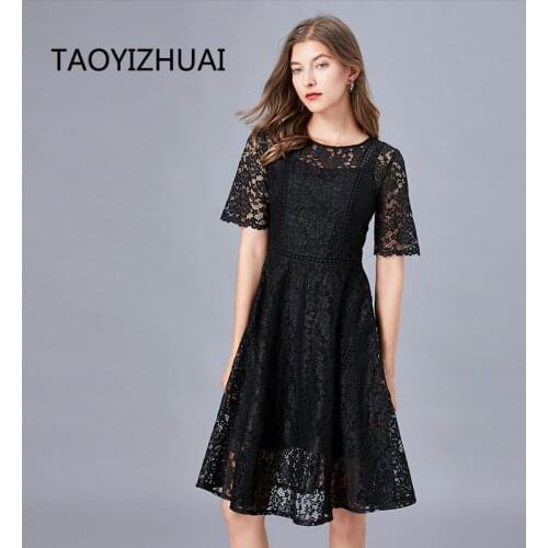 Brand French small black dress large size small fragrance palace A-line hollow lace dress summer new
