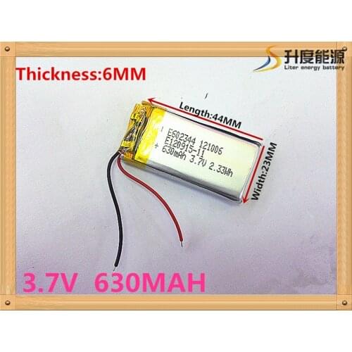 Polymer battery 630 mah 3.7 V 602344 smart home MP3 speakers Li-ion battery for dvr,GPS,mp3,mp4,cell phone,speaker