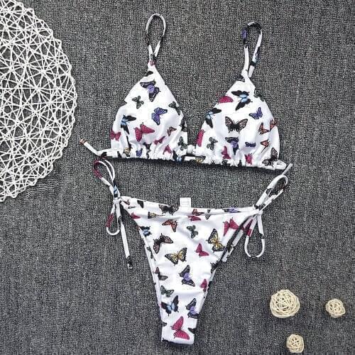 Richkeda Store New 2021 New Women 2-Pieces Bikini Set Butterflies Pattern Padded Wire-Free Back Straps Bra Triangle Straps Panty