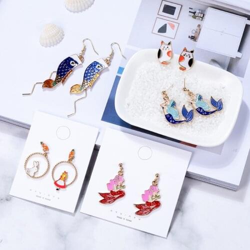 Japan and Korea Creative Cartoon Mermaid Bunny Stud Earrings Fish Rabbit Asymmetric Cute Animal Fashion Earrings