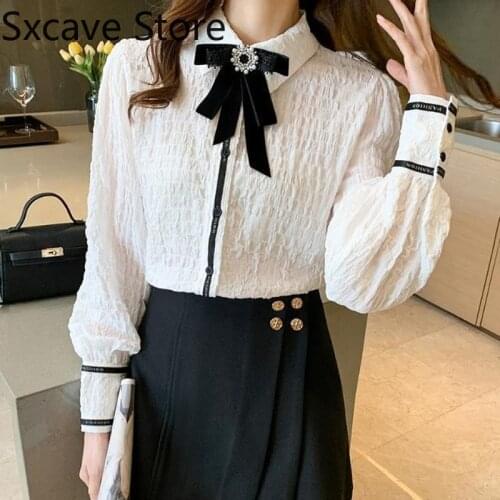 Bow Long Sleeve Chiffon Blouse Women Korean Style Casual Elegant Shirts Female Outdoor Design Y2k Tops Office Lady 2021 Autumn