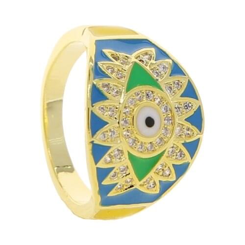 Green Blue Colorful Enamel Micro Pave CZ Evil Eye Shaped Lucky Lovey Ring For Women