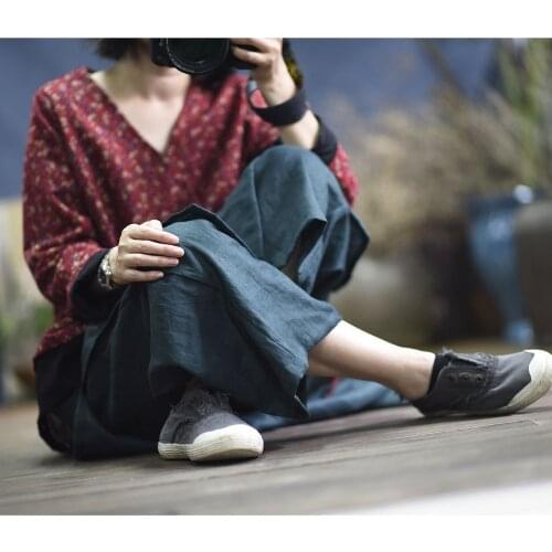 Women Linen Retro Patchwork Spring Summer Pants Female Loose Vintage Wide Leg Trousers Ladies 2020 Flax Pants