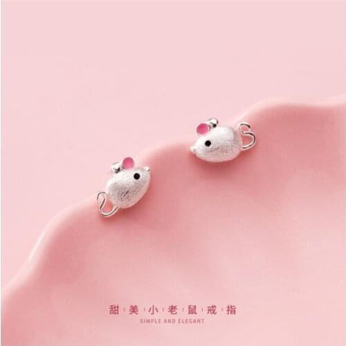 New Fresh And lovely Lady Pink Ears Small Mouse 925 Sterling Silver Jewelry Personality Animal Exquisite Stud Earrings E053